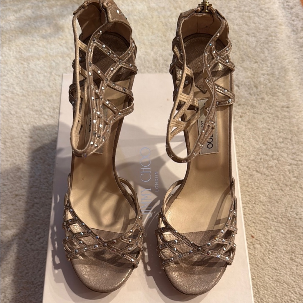 Jimmy Choo Crystal-Embellished Strappy Sandals in Rose Gold